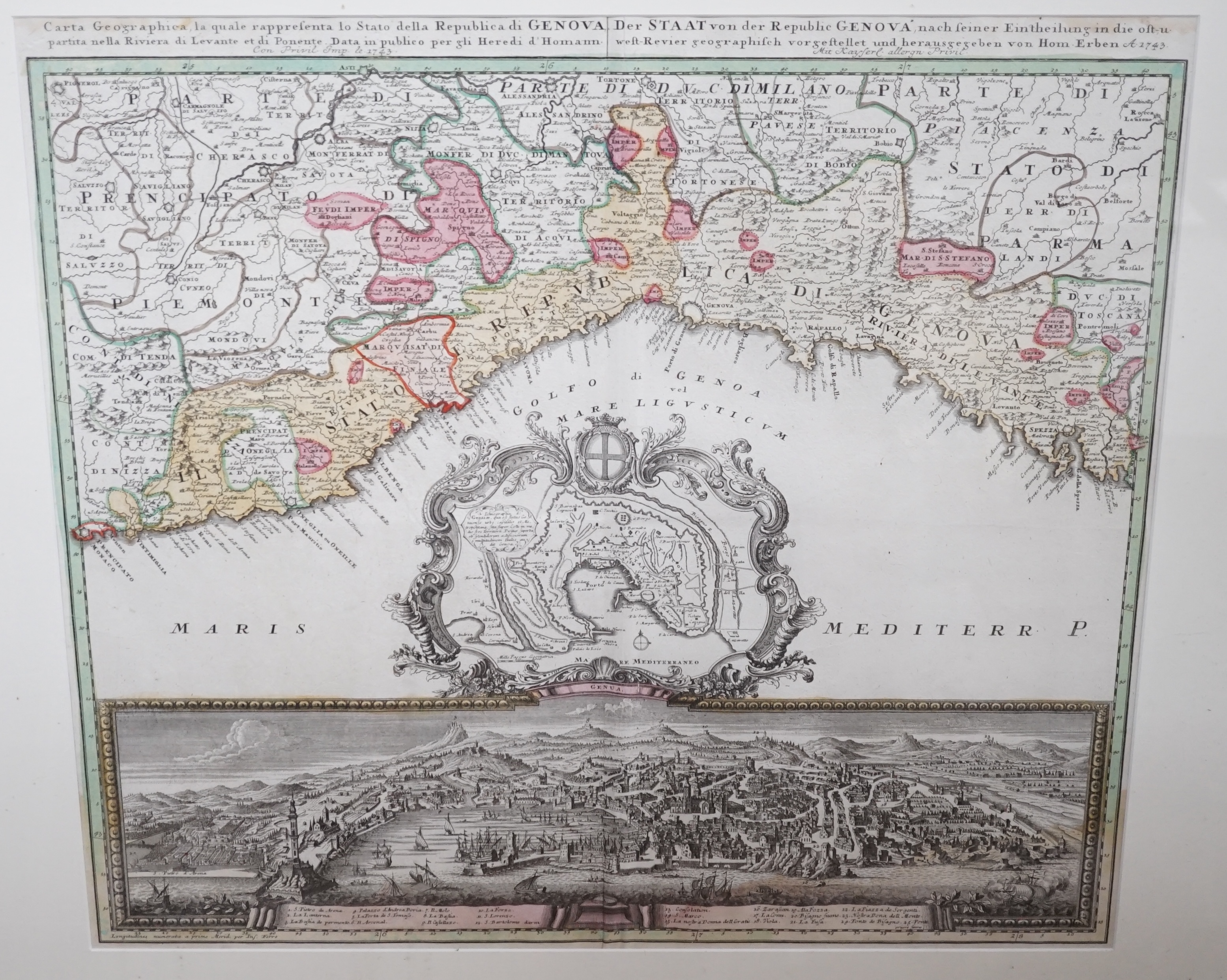 Johann Baptist Homann (German, 1664-1724), hand coloured engraved Map of Genova, dated 1743, 50 x 57cm. Condition - fair